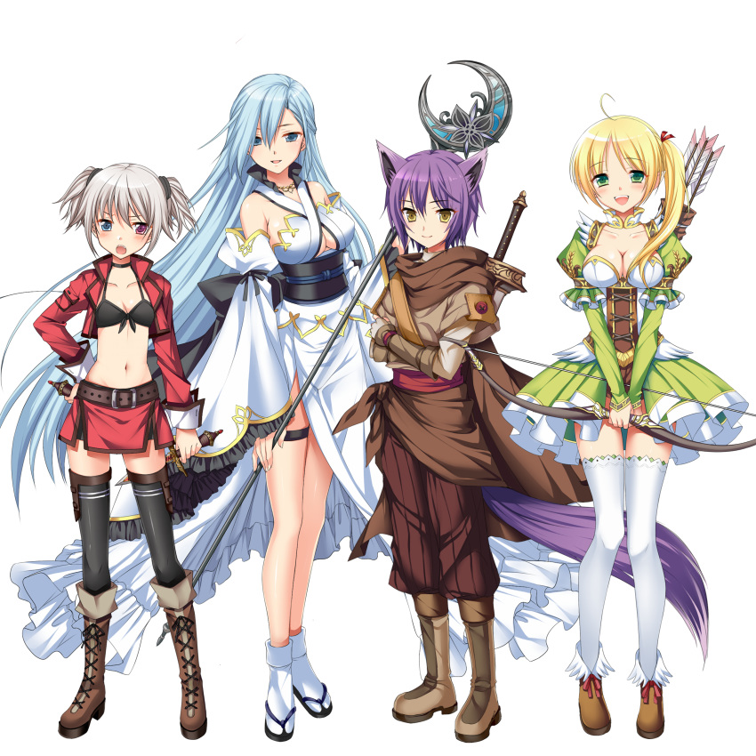 absurdres animal_ears archery arrow ayamisiro bikini_top black_legwear blonde_hair blue_eyes blue_hair blush boots breasts cleavage dress fantasy green_eyes grey_hair hair_ornament heterochromia highres japanese_clothes large_breasts long_hair navel open_mouth original purple_hair shoes short_hair skirt small_breasts socks sword tail weapon white_legwear yellow_eyes