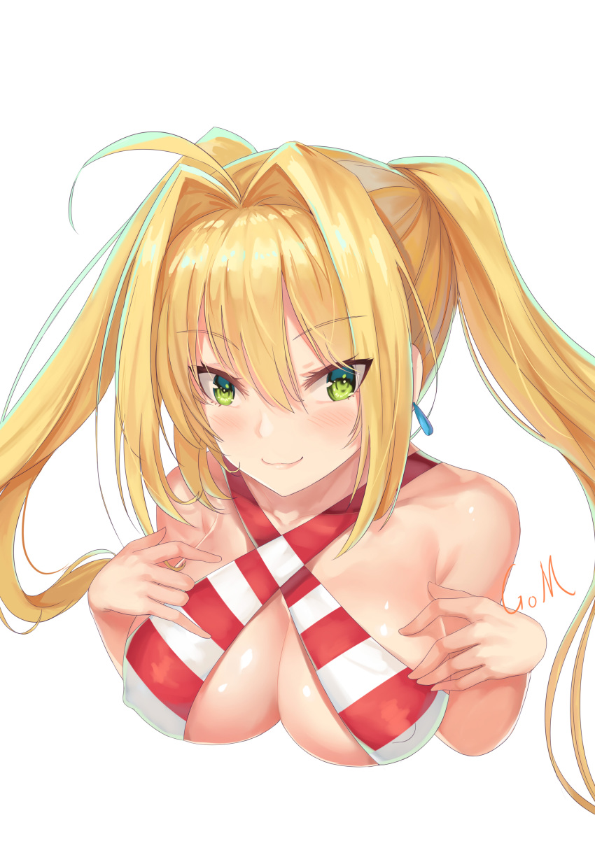 1girl absurdres ahoge bikini_top blonde_hair blush breasts commentary_request criss-cross_halter earrings eyebrows_visible_through_hair fate/grand_order fate_(series) green_eyes halterneck highres jewelry large_breasts long_hair looking_at_viewer nero_claudius_(fate)_(all) nero_claudius_(swimsuit_caster)_(fate) red_bikini_top revision simple_background smile solo striped_bikini_top twintails upper_body white_background xiao_miao