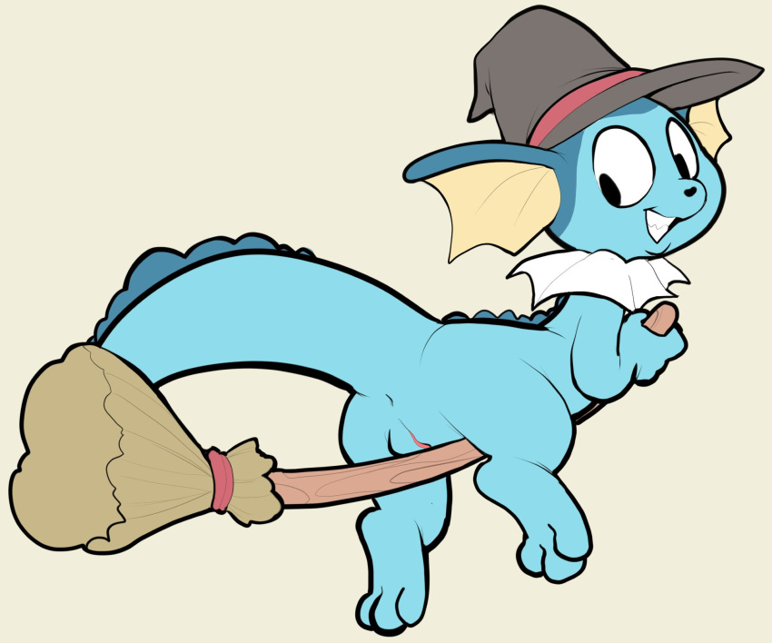 2019 3_toes broom clothing eeveelution female feral grin hat headgear headwear hi_res itsunknownanon lying magic_user nintendo paws pok&eacute;mon pok&eacute;mon_(species) pussy smile solo teeth toes vaporeon video_games witch witch_hat