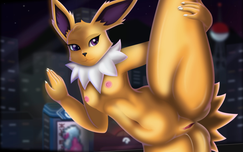 16:10 2019 anthro anthrofied breasts digital_media_(artwork) dutch_angle eeveelution female fingers fur hi_res holding_leg infamousrel inside jolteon leaning looking_at_viewer nintendo nipples nude pinup pok&eacute;mon pok&eacute;mon_(species) pok&eacute;morph pokeandpenetrate pose presenting pussy raised_leg small_breasts solo spread_legs spreading standing thick_thighs video_games