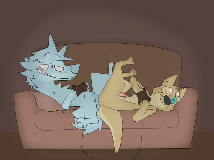2019 aquest balls bite biting_lip blue_body blue_eyes blue_fur blue_hair blush bodily_fluids canid canine canis casual_sex controller countershading cum deck_chair_position digital_media_(artwork) digitigrade dogstomp domestic_dog duo fur game_controller gaming genital_fluids green_eyes green_sclera grin hair happy happy_sex hi_res inside knotting lying male male/male mammal naughty_face nude on_couch one_eye_closed penis semi-anthro sex smile spread_legs spreading stompdog tan_body tan_fur tapering_penis toony unknown_species