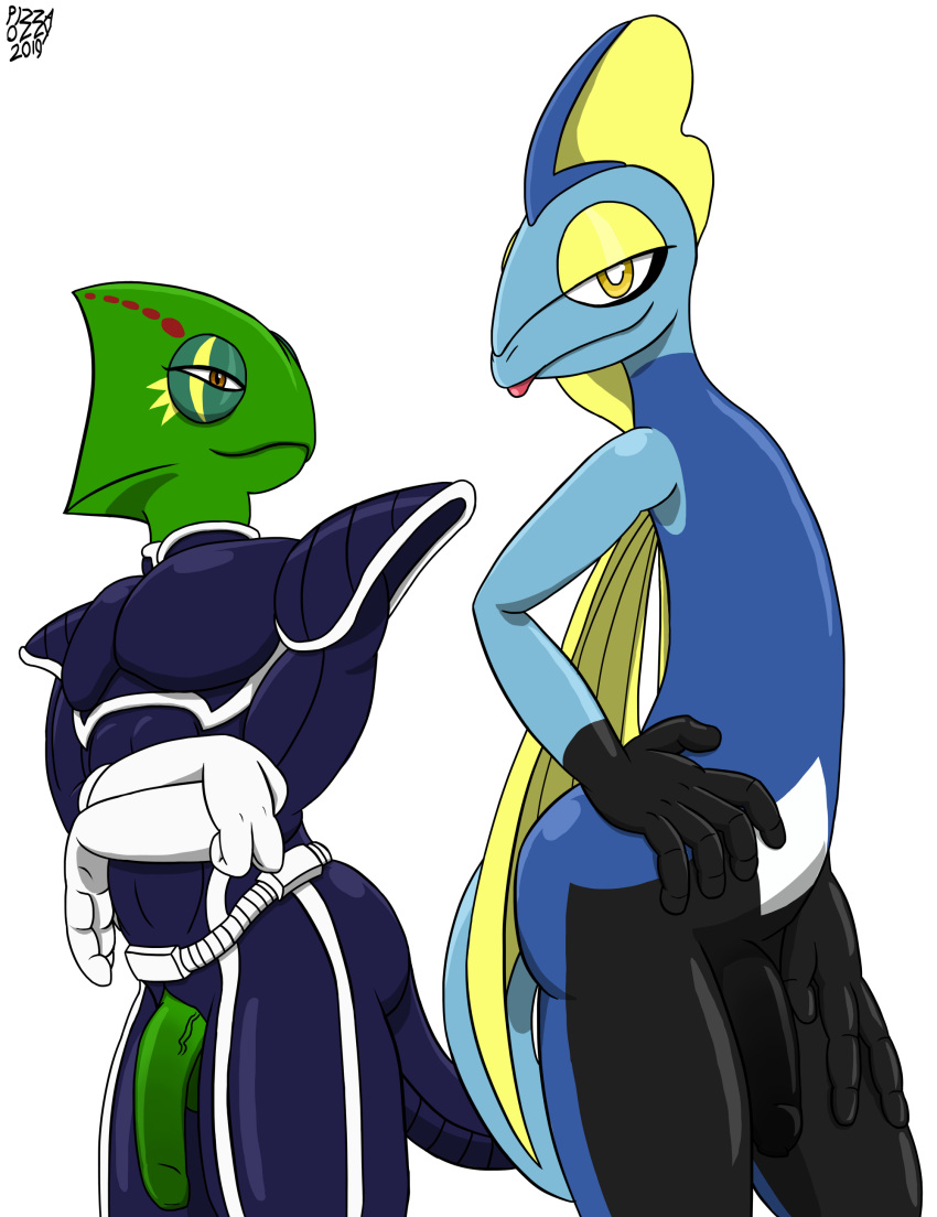 2019 absurd_res anthro arched_back balls big_penis chameleon clothed clothing crossover duo flaccid flap-necked_chameleon foreskin girly hi_res inteleon leon_powalski lizard looking_at_viewer male nintendo penis pizzaozzy_(artist) pok&eacute;mon pok&eacute;mon_(species) reptile scalie star_fox uncut video_games