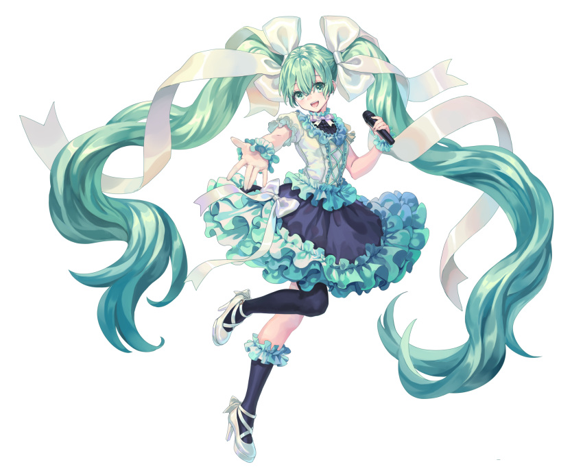 1girl aqua_eyes aqua_hair asahi_yuuji blush dress hair_ornament hatsune_miku highres long_hair microphone shoes skirt twintails very_long_hair vocaloid