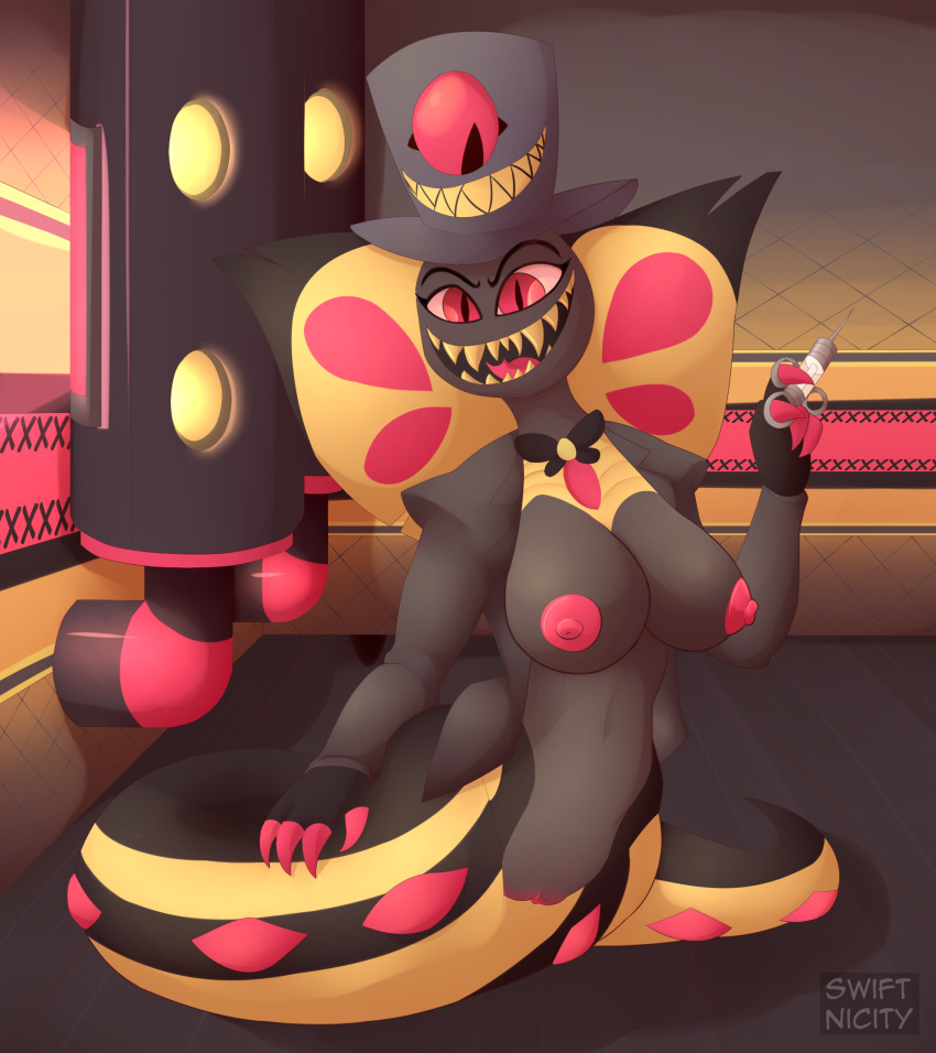 anthro bow_tie breasts claws clothing female forked_tongue hat hazbin_hotel headgear headwear hi_res inside nipples open_mouth open_smile pink_claws pink_eyes pussy reptile scalie sharp_teeth sir_pentious smile snake solo swiftnicity syringe teeth tongue top_hat