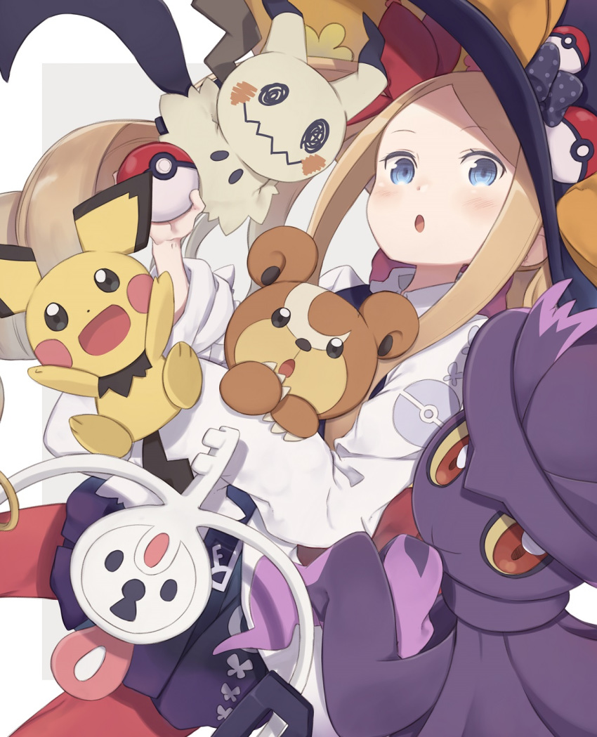 1girl abigail_williams_(fate/grand_order) bangs black_bow black_headwear black_skirt blonde_hair blue_eyes blush bow drill_hair fate/grand_order fate_(series) forehead hair_bow hat highres klefki long_hair long_sleeves looking_at_viewer mimikyu mismagius open_mouth orange_bow pantyhose parted_bangs pichu poke_ball pokemon pokemon_(game) pokemon_dppt pokemon_gsc pokemon_sm pokemon_xy polka_dot polka_dot_bow red_bow red_legwear shirt skirt teddiursa totatokeke twin_drills white_shirt witch_hat