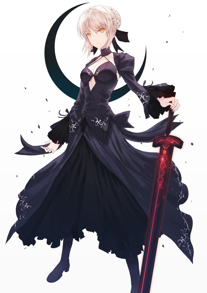 &gt;:( 1girl absurdres arm_at_side artoria_pendragon_(all) black_dress black_footwear black_ribbon blonde_hair breasts cleavage closed_mouth commentary_request crescent dark_excalibur dress fate/stay_night fate_(series) frilled_sleeves frills full_body glowing glowing_sword glowing_weapon hair_bun hair_ribbon halter_dress highres huge_filesize long_sleeves looking_at_viewer medium_breasts neon_(hhs9444) orange_eyes ribbon saber_alter serious short_hair sidelocks solo standing symbol_commentary v-shaped_eyebrows weapon white_background