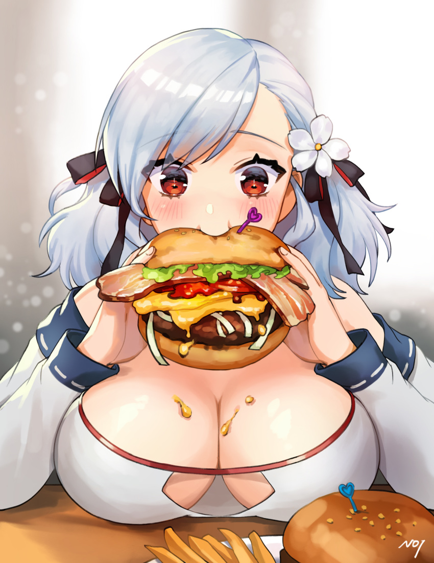 1girl absurdres bacon bangs bare_shoulders beef bikini black_ribbon blush breast_rest breasts cheese cleavage eating eyebrows_visible_through_hair flower food food_on_breasts french_fries girls_frontline hair_flower hair_ornament hair_ribbon hamburger heart highres holding holding_food large_breasts lettuce long_sleeves noixen off_shoulder red_eyes ribbon short_hair sign silver_hair solo spas-12_(girls_frontline) strapless strapless_bikini swept_bangs swimsuit table tomato upper_body white_bikini white_flower