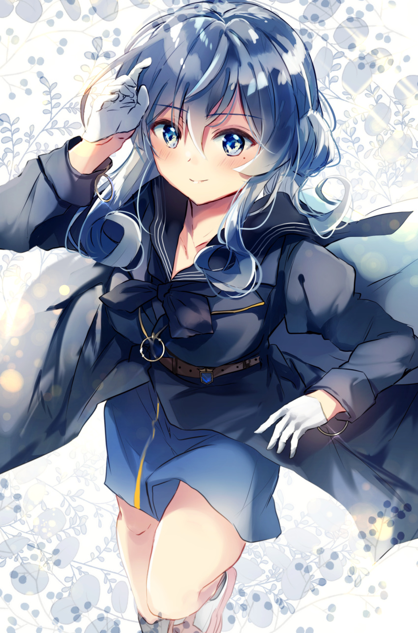 1girl bangs blue_eyes blue_hair blue_neckwear blue_sailor_collar blue_skirt blush breasts eyebrows_visible_through_hair gloves gotland_(kantai_collection) hair_bun half_gloves highres kantai_collection long_sleeves military military_uniform mole mole_under_eye nanahamu sailor_collar sidelocks skirt smile solo uniform white_gloves