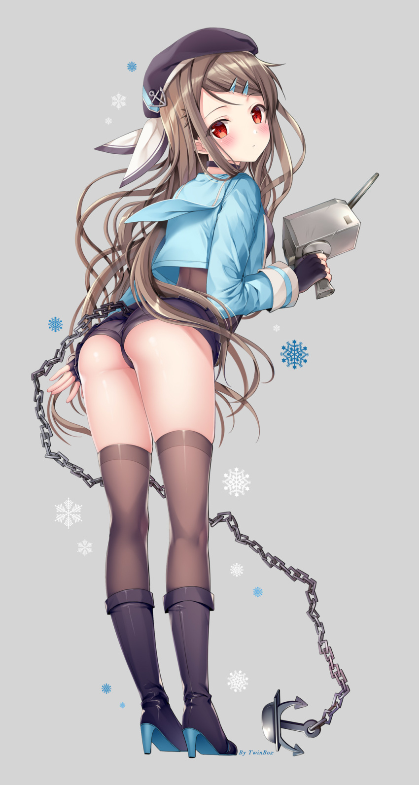 1girl anchor ass azur_lane bangs beret black_footwear black_gloves black_headwear black_legwear black_shorts blue_jacket blush boots brown_hair brown_legwear cannon chain closed_mouth commentary_request fingerless_gloves full_body gloves grey_background hair_ornament hairclip hat high_heel_boots high_heels highres holding jacket kimberly_(azur_lane) legs long_hair long_sleeves looking_at_viewer looking_back red_eyes short_shorts shorts simple_background snowflakes sousouman standing swept_bangs thighhighs turret