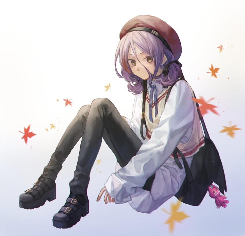 1girl :/ autumn_leaves backpack bag bag_charm beret black_footwear black_pants black_ribbon blue_ribbon boots charm_(object) collared_shirt commentary full_body gradient gradient_background hair_between_eyes hair_ribbon hat hayasaka_mirei highres idolmaster idolmaster_cinderella_girls leaf long_sleeves looking_at_viewer multicolored_hair neck_ribbon pants platform_boots platform_footwear purple_hair red_hair red_headwear ribbon shirt sitting sleeves_past_wrists solo streaked_hair sweater_vest white_shirt yul_(user_gyut3424)