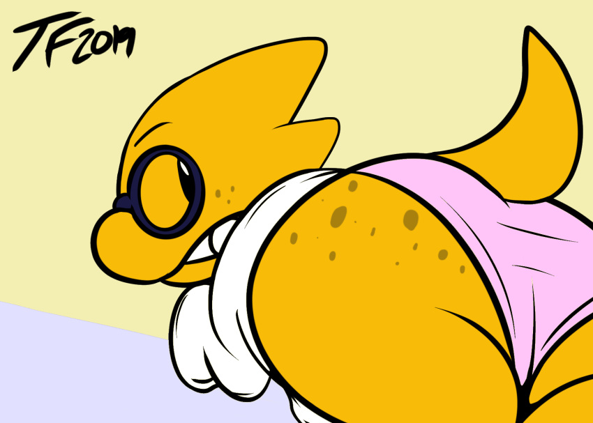 alphys anthro beady_eyes bent_over butt butt_focus clothed clothing coat eyewear female freckles glasses hi_res lab_coat looking_back panties partially_clothed reptile scalie slideshow solo tepigfan101 topwear undertale underwear video_games wide_hips