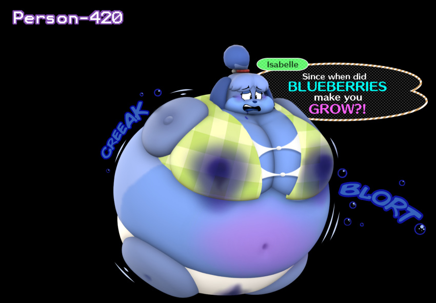 3d_(artwork) animal_crossing blueberry_(disambiguation) blueberry_inflation bodily_fluids clothing digital_media_(artwork) inflation isabelle_(animal_crossing) lactating nintendo onomatopoeia person-420 sound_effects source_filmmaker stretched_clothing text tight_clothing video_games