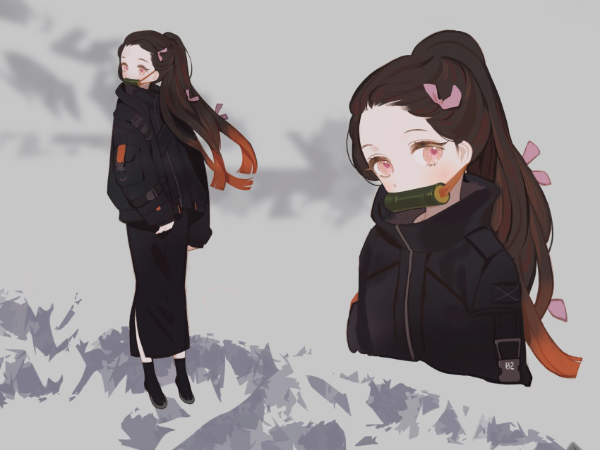 1girl alternate_costume bamboo bit_gag black_footwear black_hair black_jacket black_skirt contemporary forehead full_body gag gradient_hair grey_background gwayo hair_ribbon highres jacket kamado_nezuko kimetsu_no_yaiba long_hair long_sleeves looking_at_viewer multicolored_hair multiple_views orange_hair pink_eyes ponytail ribbon shoes skirt