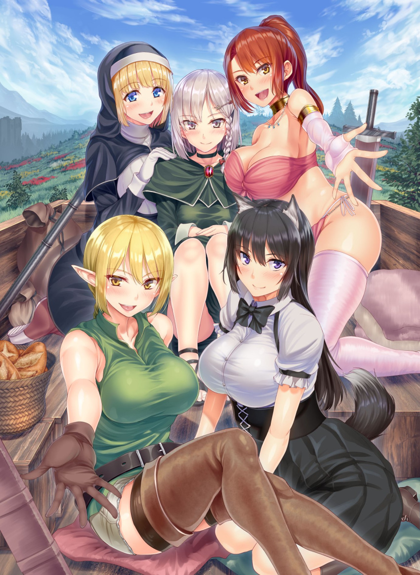 5girls :d animal_ears armlet baguette bandeau bangs bare_shoulders beckoning belt blue_sky blunt_bangs blush boots bow bowtie braid bread breasts brooch capelet choker cleavage collarbone corset day detached_sleeves elf eyebrows_visible_through_hair filia_(isekai_harem_monogatari) food foreshortening gloves habit hair_ornament hairclip high-waist_skirt highres isekai_harem_monogatari jewelry large_breasts llusse_(isekai_harem_monogatari) long_hair looking_at_viewer mila_(isekai_harem_monogatari) multiple_girls natalia_(isekai_harem_monogatari) necklace nun open_mouth outdoors pointy_ears ponytail shirt short_hair side_braid sitting skindentation skirt sky sleeveless sleeveless_shirt smile sword tachibana_omina tail thigh_boots thighhighs tianne_(isekai_harem_monogatari) weapon white_gloves