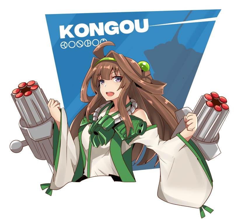 1girl ahoge altronage bangs bionicle blue_background braid character_name clenched_hands commentary commission cosplay cropped_torso english_commentary eyebrows_visible_through_hair green_hairband hair_between_eyes hairband hands_up highres kantai_collection kongou_(kantai_collection) kongu_(bionicle) kongu_(bionicle)_(cosplay) long_hair long_sleeves looking_at_viewer open_mouth purple_eyes round_teeth sleeves_past_wrists solo teeth the_lego_group two-tone_background upper_body upper_teeth v-shaped_eyebrows very_long_hair white_background wide_sleeves