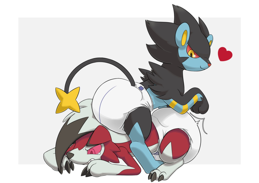 &lt;3 ambiguous_gender bodily_fluids claws diaper duo embarrassed feral hi_res luxray lycanroc nintendo nyanyakotarou patting pok&eacute;mon pok&eacute;mon_(species) sitting smile tears teeth video_games