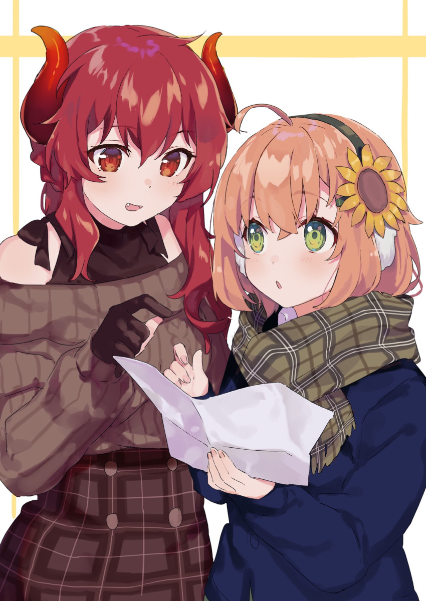 2girls :o ahoge bangs black_tank_top blue_jacket blush braid brown_gloves brown_skirt brown_sweater cowboy_shot demon_girl demon_horns dola_(nijisanji) double-breasted earmuffs eyebrows_visible_through_hair fang fingernails flower gloves green_eyes green_scarf hair_flower hair_ornament high-waist_skirt highres holding holding_paper honma_himawari horns jacket looking_at_paper medium_hair multiple_girls nana_(nana_yume87) nijisanji off-shoulder_sweater off_shoulder orange_hair paper partly_fingerless_gloves plaid plaid_scarf plaid_skirt red_eyes red_hair ribbed_sweater scarf simple_background skirt smile sunflower_hair_ornament sweater symbol_commentary virtual_youtuber white_background