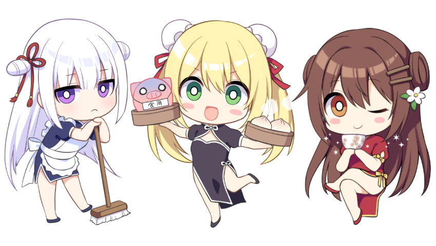 apron blonde_hair brown_hair chibi chinese_clothes chinese_dress drink food green_eyes long_hair maid orange_eyes original purple_eyes sumisaki_yuzuna twintails waifu2x white white_hair wink