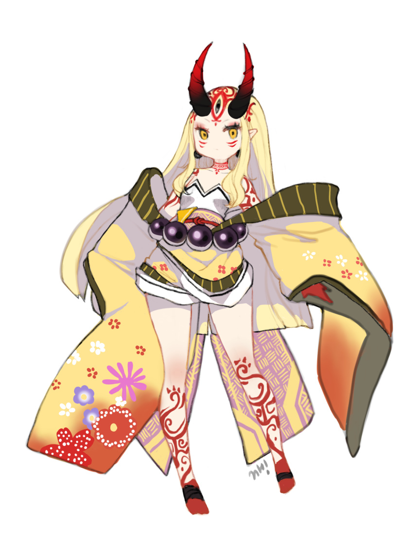 1girl bare_shoulders beads blonde_hair closed_mouth earrings facial_mark fate/grand_order fate_(series) floral_print full_body highres ibaraki_douji_(fate/grand_order) japanese_clothes jewelry kimono kkaebing legs_apart long_hair no_eyebrows no_nose obi off_shoulder oni oni_horns orange_eyes pointy_ears prayer_beads sash short_kimono sidelocks simple_background sleeves_past_wrists solo straight_hair tattoo very_long_hair white_background wide_sleeves yellow_kimono