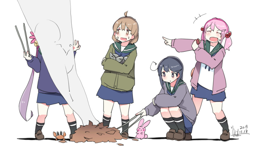 absurdres akebono_(kantai_collection) bunny crab fire food highres kantai_collection laughing leaf oboro_(kantai_collection) potato sazanami_(kantai_collection) simple_background skirt smoke socks squatting sweater sweet_potato tongs ushio_(kantai_collection) white_background yakiimo