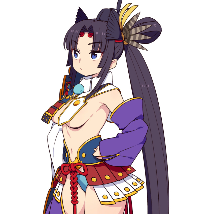 1girl armor bangs black_hair blue_eyes blue_panties breasts chan_co cowboy_shot detached_sleeves fate/grand_order fate_(series) feathers hair_feathers hair_ornament hand_on_hip highres japanese_armor japanese_clothes kusazuri long_hair looking_to_the_side medium_breasts mismatched_sleeves navel panties parted_bangs ponytail revealing_clothes side_ponytail simple_background solo underwear ushiwakamaru_(fate/grand_order) very_long_hair white_background