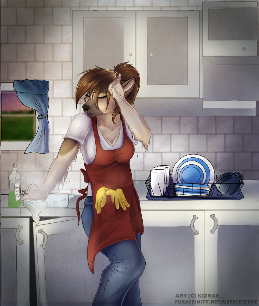 anthro apron bottomwear breasts building canid canine canis clothed clothing domestic_dog female fully_clothed german german_shepherd hair herding_dog heterochromia hi_res house house_work kitchen kizrae mammal natasha_klopov pants pastoral_dog solo