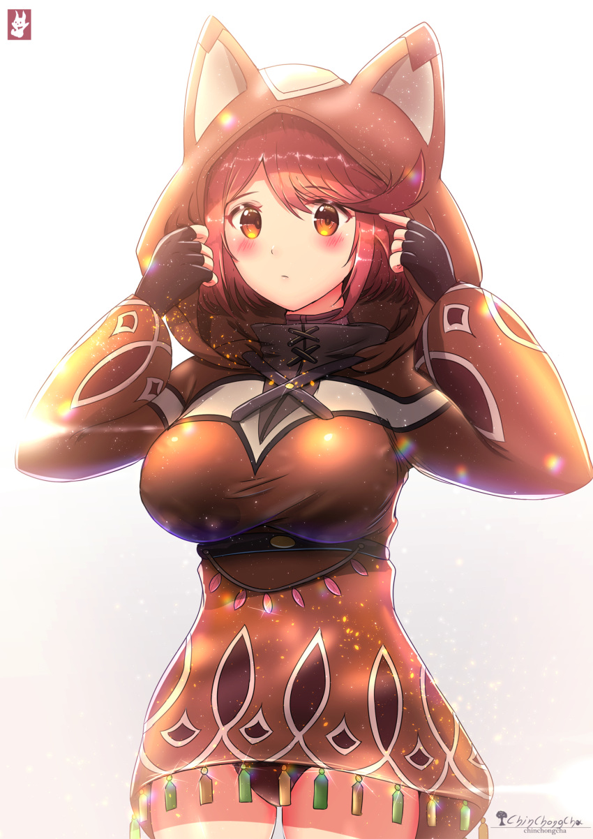 1girl animal_ears animal_hood artist_logo blush breasts cat_ears chinchongcha cowboy_shot highres homura_(xenoblade_2) hood large_breasts lens_flare looking_at_viewer orange_eyes red_hair simple_background solo swimsuit swimsuit_under_clothes white_background xenoblade_(series) xenoblade_2