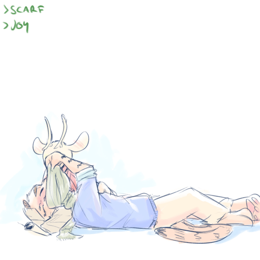 1:1 2019 ambiguous_gender anthro antlers barefoot blush cameron_(zootopia_fan_character) cervid clothed clothing disney duo english_text fan_character felid head_on_lap head_tuft hi_res horn ittybittykittytittys jamie_(zootopia_fan_character) lying mammal on_back on_lap pantherine pawpads scarf simple_background sitting text tiger tuft white_background zootopia