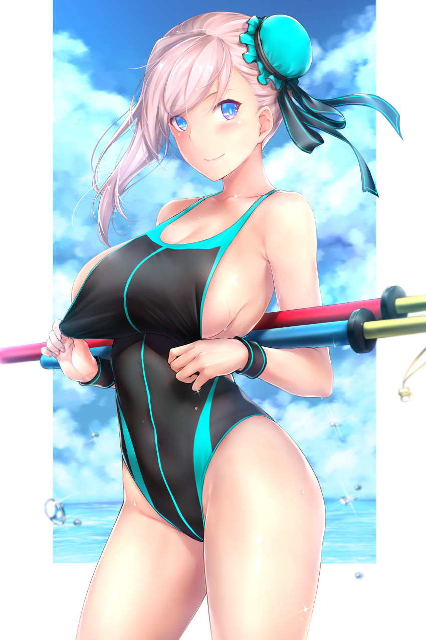 1girl absurdres asymmetrical_hair bangs bare_shoulders black_ribbon black_swimsuit black_wristband blue_eyes blue_sky blush border breasts bun_cover cleavage closed_mouth collarbone competition_swimsuit covered_navel fate/grand_order fate_(series) hair_ribbon highleg highleg_swimsuit highres huge_filesize large_breasts long_hair looking_at_viewer miyamoto_musashi_(fate/grand_order) miyamoto_musashi_(swimsuit_berserker)_(fate) ocean one-piece_swimsuit pink_hair rei_kun ribbon side_bun sideboob sidelocks sky smile solo sparkle swept_bangs swimsuit swimsuit_pull thighs toy_sword white_border wristband