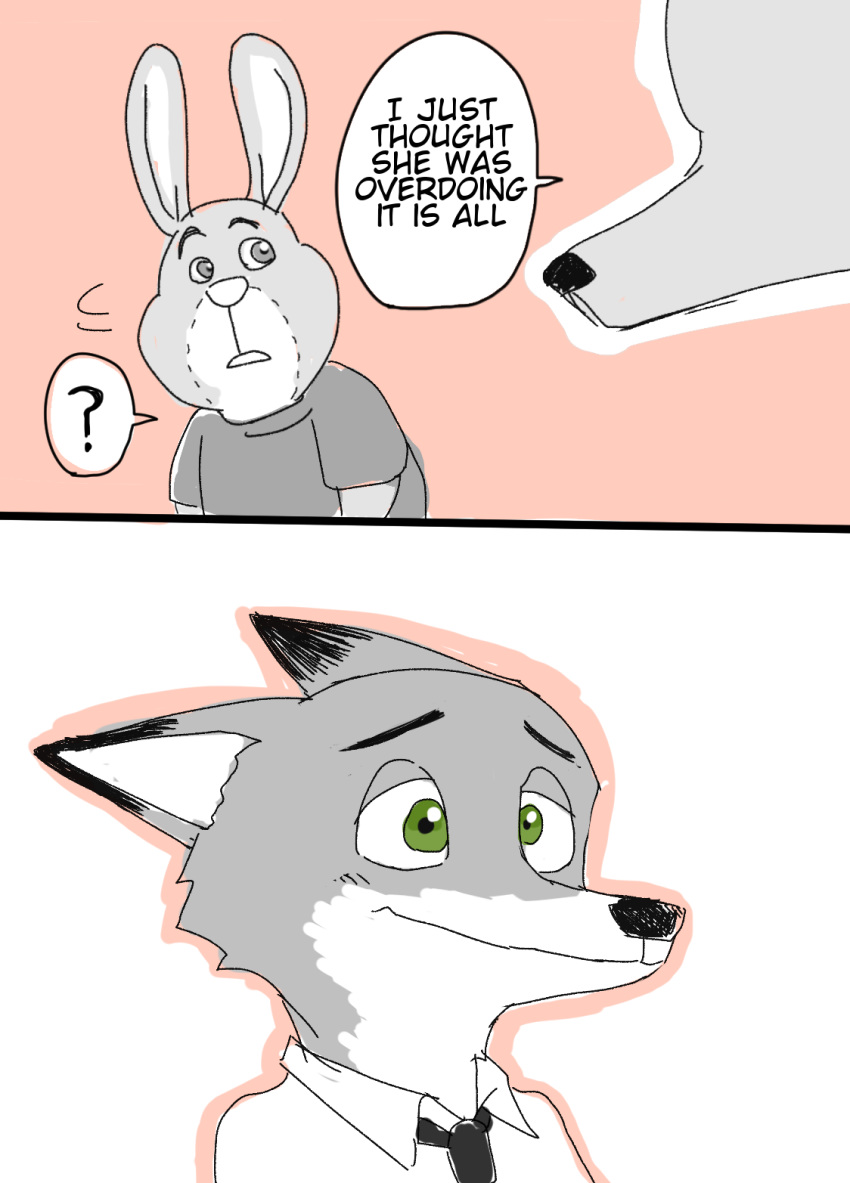 ? canid canine clothed clothing comic dialogue disney edit english_text fox green_eyes hard_translated hi_res lagomorph leporid looking_at_another mammal meno nick_wilde rabbit red_fox shirt stu_hopps t-shirt text topwear translated zootopia