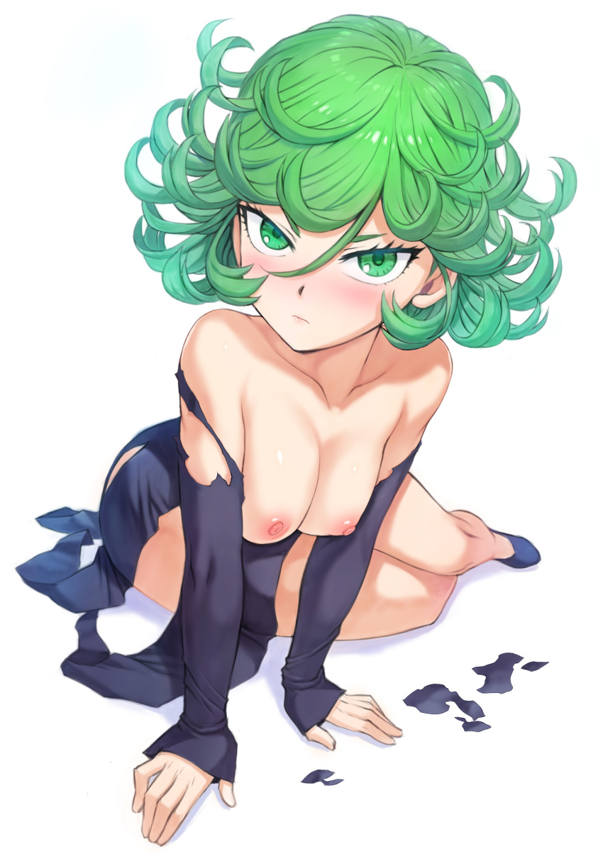 1girl absurdres alternate_breast_size bangs bare_legs black_dress black_footwear blush breasts closed_mouth collarbone collared_dress curly_hair downblouse dress eyelashes fanbox_reward flipped_hair full_body green_eyes green_hair hair_between_eyes hands_on_floor highres long_sleeves looking_at_viewer lying medium_breasts mogudan nipples on_side one-punch_man paid_reward shoes side_slit sleeves_past_wrists solo tatsumaki torn_clothes torn_dress white_background wing_collar