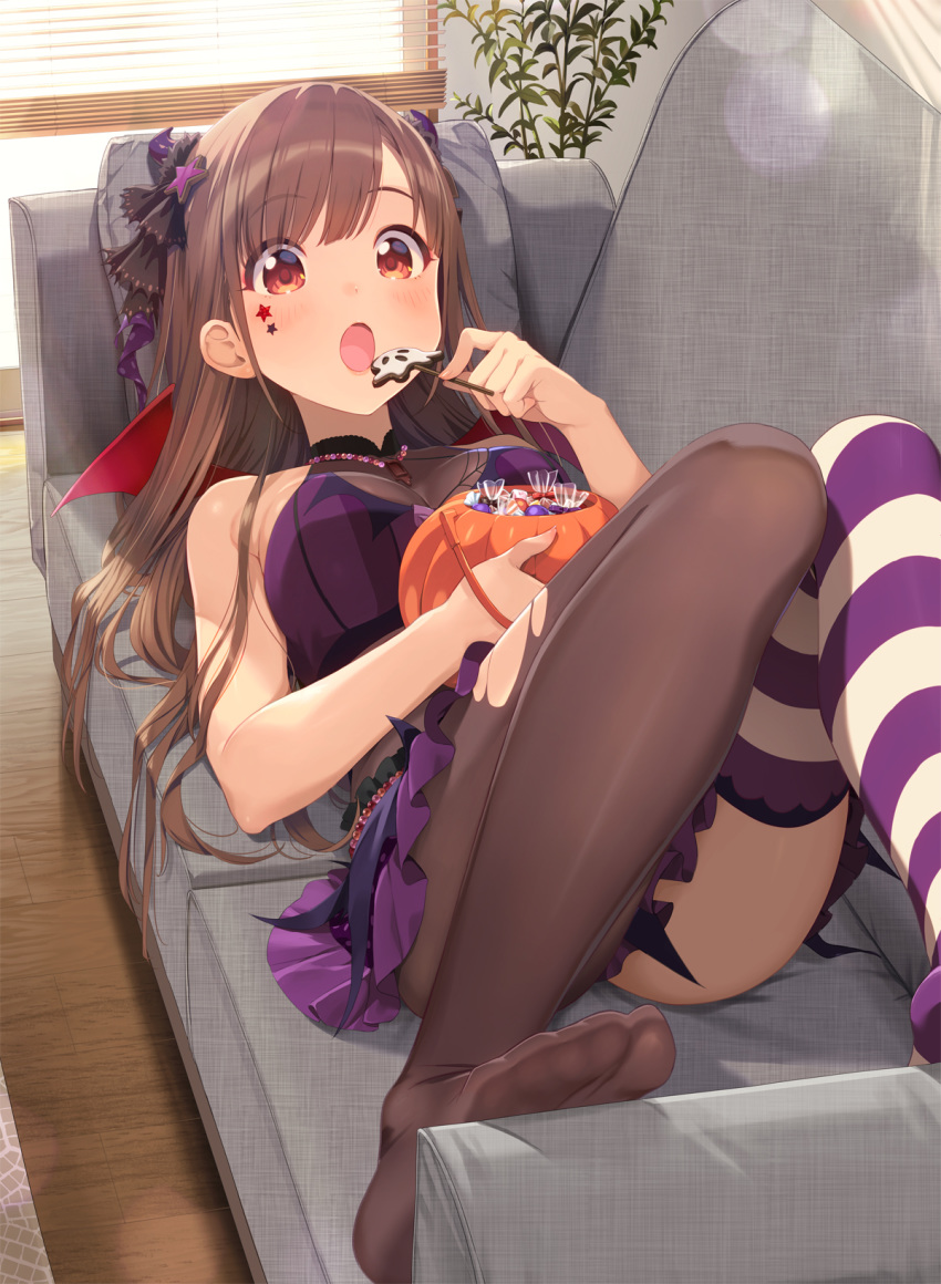 1girl :o bag bangs bare_arms bare_shoulders bead_necklace beads black_legwear blush breasts brown_hair candy cleavage couch day dress eating eyebrows_visible_through_hair facial_mark feet food hair_ornament halloween highres holding holding_food idolmaster idolmaster_shiny_colors indoors jewelry joey_koguma knees_up lens_flare lollipop long_hair looking_at_viewer lying medium_breasts mismatched_legwear necklace on_back on_couch open_mouth pillow purple_dress red_eyes red_wings sleeveless sleeveless_dress solo sonoda_chiyoko star star_hair_ornament striped striped_legwear sunlight tareme thighhighs torn_clothes torn_legwear wings