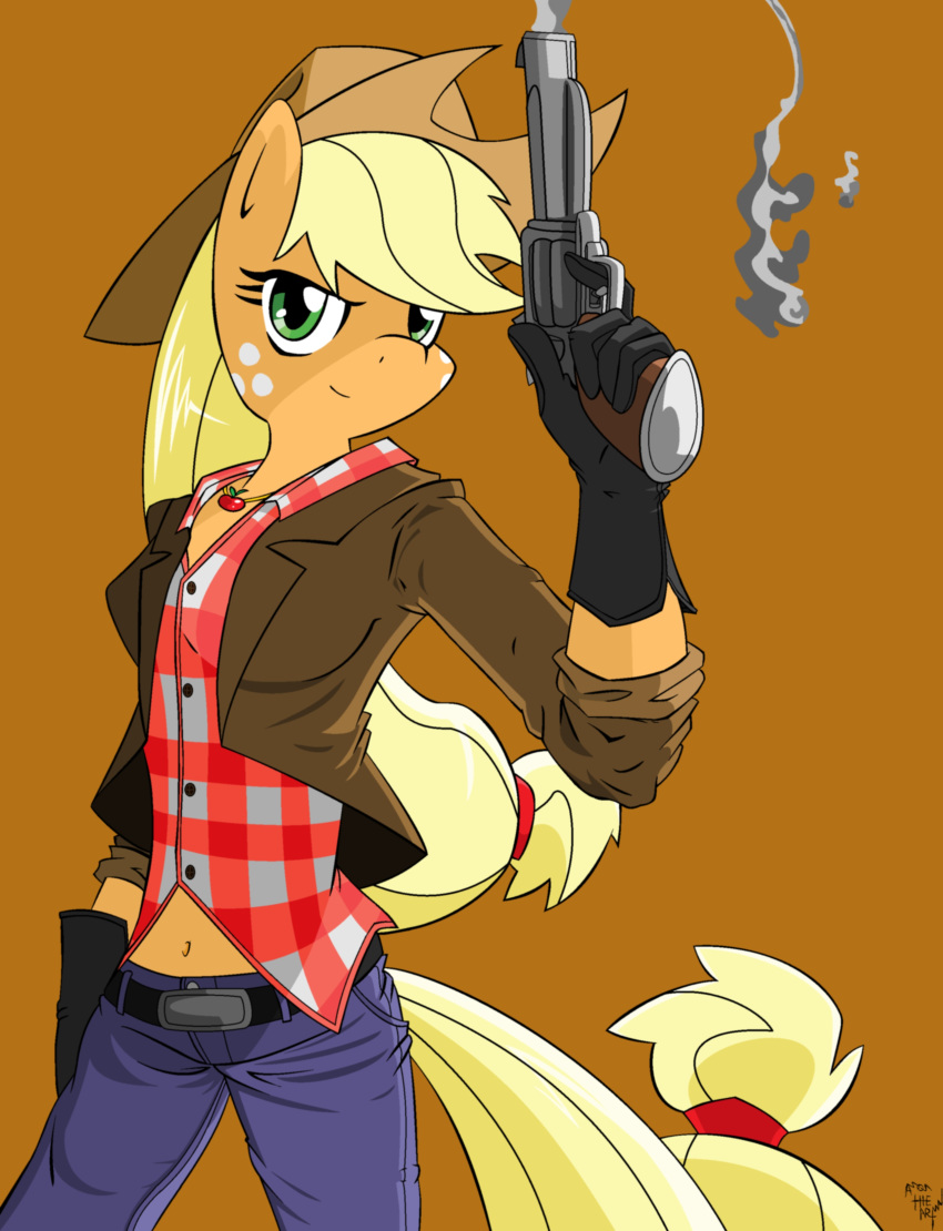 2012 absurd_res amostheartman anthro anthrofied applejack_(mlp) clothing cowboy_hat equid equine female freckles friendship_is_magic gun hat headgear headwear hi_res mammal my_little_pony ranged_weapon solo stetson weapon