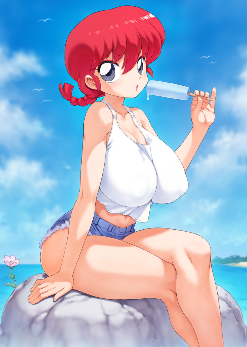 1girl :o absurdres arm_at_side bangs bare_shoulders blue_shorts blue_sky braid breasts buttons cleavage collarbone covered_nipples crossed_legs cutoffs day denim denim_shorts eyebrows_visible_through_hair eyelashes fanbox_reward fingernails flower food genderswap genderswap_(mtf) hair_between_eyes hand_up highres holding holding_food large_breasts legs long_hair looking_at_viewer makeup mascara mogudan navel ocean open_mouth outdoors paid_reward pink_flower pinky_out popsicle ranma-chan ranma_1/2 red_eyes red_hair rock saotome_ranma short_shorts shorts sidelocks single_braid sitting sitting_on_rock sky solo stomach tank_top thighs water white_tank_top