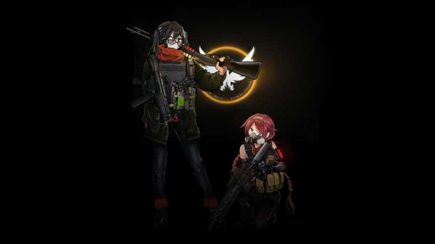 alternate_costume armor black_hair bulletproof_vest gas_mask gun highres kantai_collection kawakaze_(kantai_collection) kuroinu9 military ponytail pouch red_hair red_neckwear sendai_(kantai_collection) shotgun shotgun_shells submachine_gun sunglasses tom_clancy's_the_division weapon