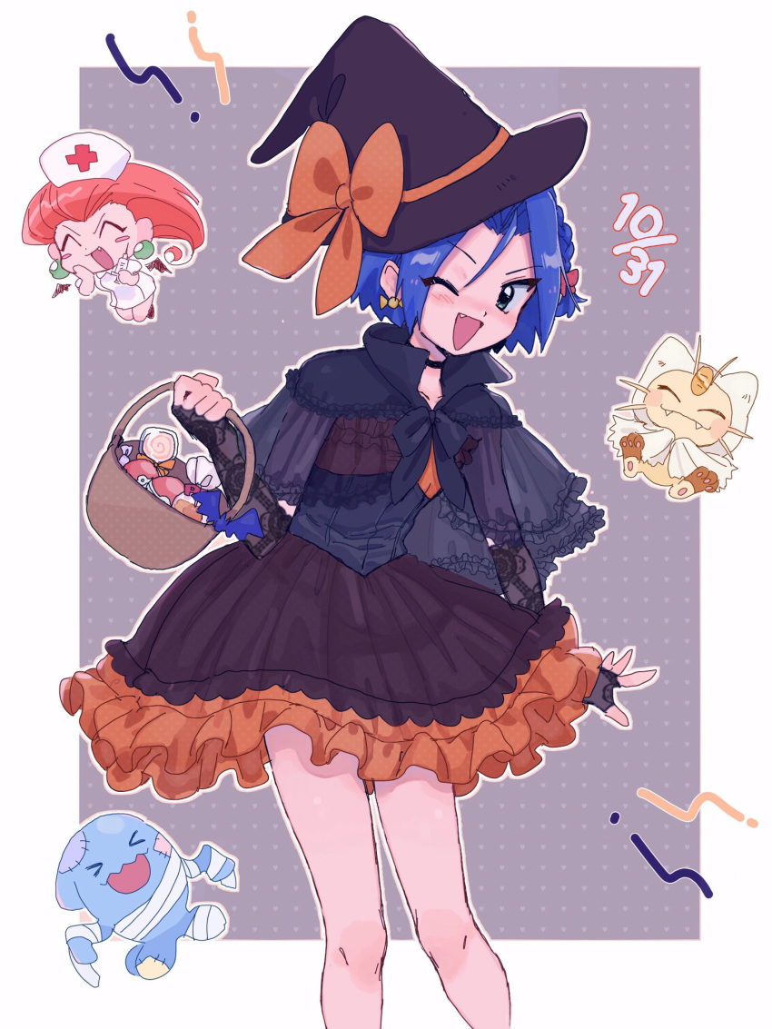 &gt;_&lt; 1boy 1girl 2ameyasan2 blue_hair braid candy crossdressing dated earrings fang food gen_1_pokemon gen_2_pokemon ghost_costume green_eyes halloween halloween_basket halloween_costume hat highres jewelry kojirou_(pokemon) meowth musashi_(pokemon) nurse nurse_cap one_eye_closed pokemon pokemon_(anime) symbol_commentary witch_costume witch_hat wobbuffet