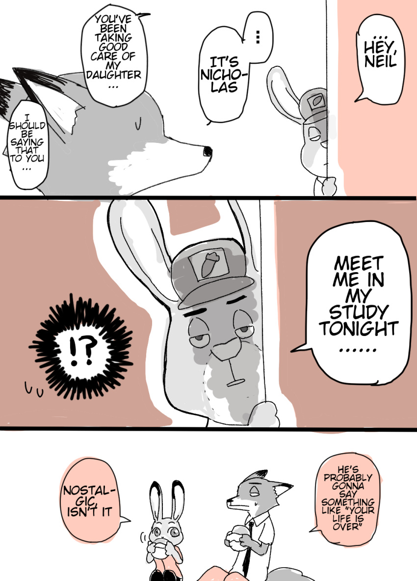 ! ... ? anthro bodily_fluids canid canine clothing comic disney duo edit english_text fox hard_translated hat headgear headwear hi_res judy_hopps lagomorph leporid mammal meno nick_wilde rabbit red_fox speech_bubble stu_hopps sweat sweatdrop text translated zootopia