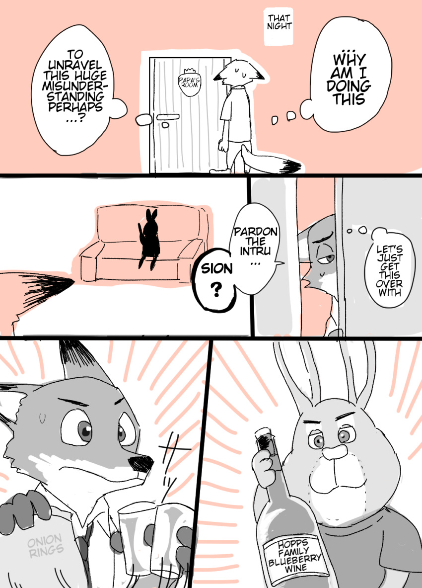 ... ? bodily_fluids canid canine comic dialogue disney duo edit english_text fox hard_translated hi_res holding_cup holding_object lagomorph leporid mammal meno nick_wilde rabbit red_fox solo speech_bubble stu_hopps sweat sweatdrop text thought_bubble translated wine_bottle zootopia