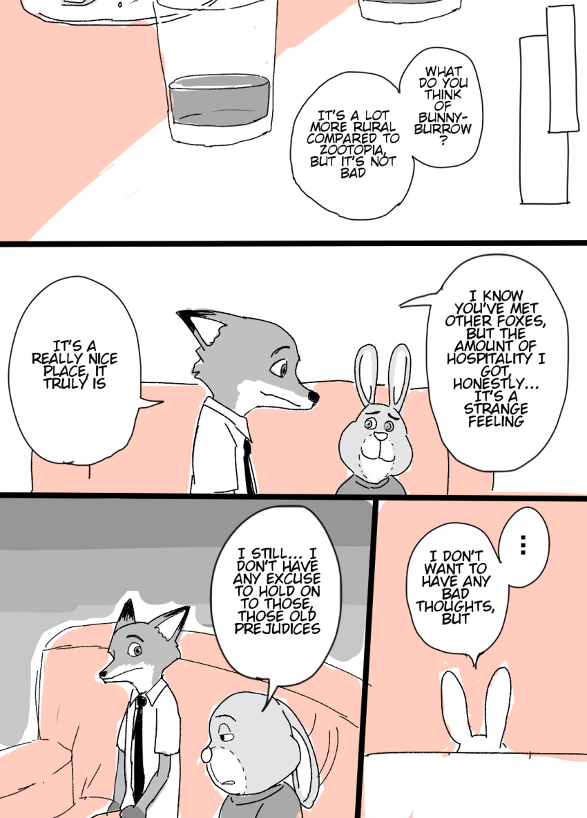 ... ? anthro beverage canid canine comic cup dialogue disney duo edit english_text fox furniture hard_translated hi_res inside lagomorph leporid mammal meno nick_wilde rabbit red_fox sitting sofa speech_bubble stu_hopps text translated zootopia