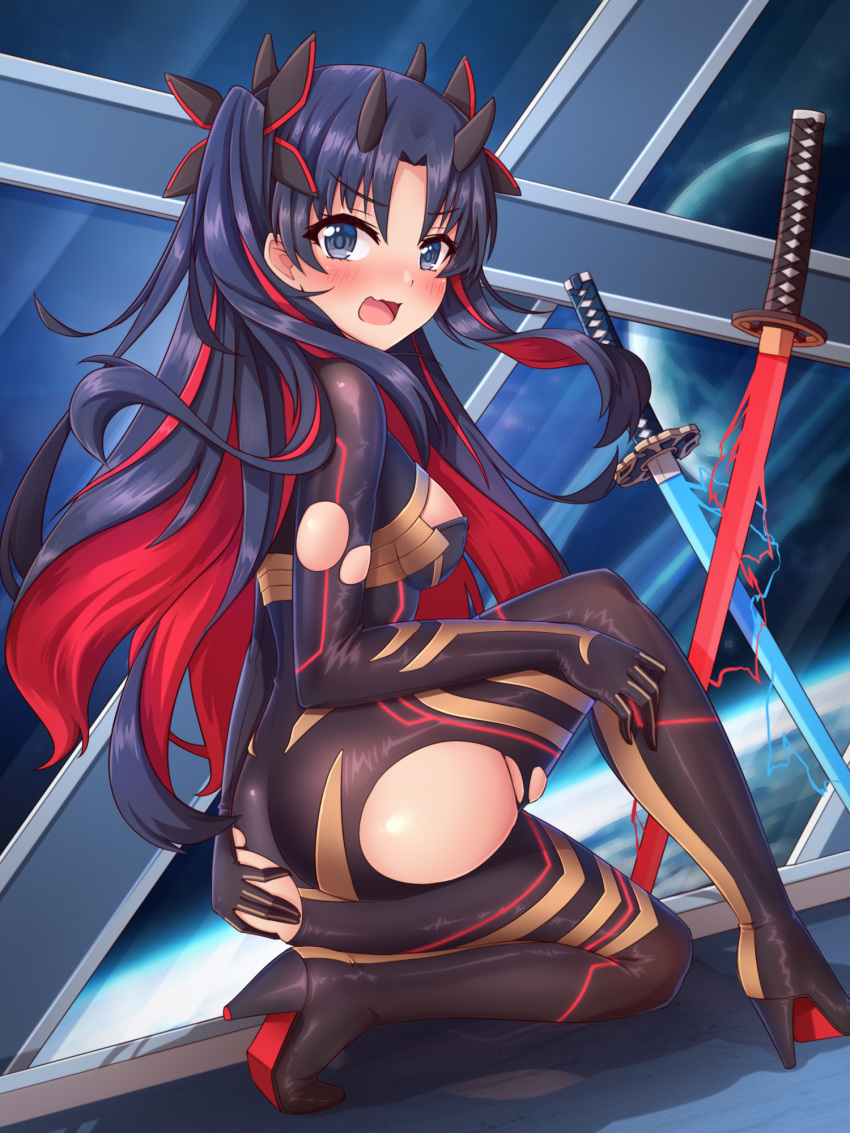 1girl ass bangs black_bodysuit black_hair black_ribbon blue_eyes blush bodysuit breasts commentary_request fate/grand_order fate_(series) hair_ribbon highres horns kaiyi katana multicolored_hair one_knee open_mouth parted_bangs red_hair ribbon skin_tight small_breasts solo space_ishtar_(fate) sword torn_bodysuit torn_clothes two-tone_hair two_side_up weapon