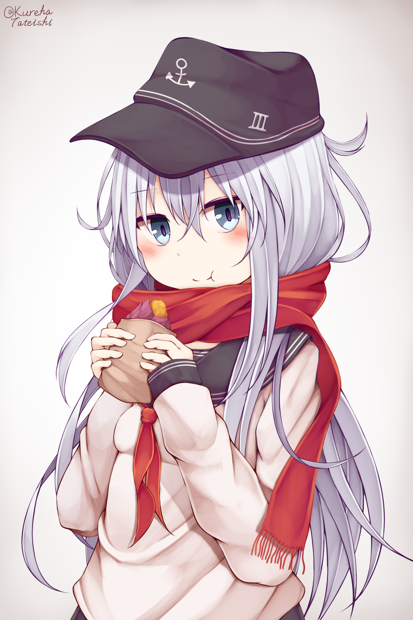 1girl :t absurdres anchor_symbol bangs black_headwear black_sailor_collar blue_eyes blush breasts closed_mouth commentary_request eating eyebrows_visible_through_hair flat_cap food fringe_trim grey_background hair_between_eyes hamayuu_(litore) hands_up hat hibiki_(kantai_collection) highres holding holding_food kantai_collection long_hair long_sleeves looking_at_viewer neckerchief red_neckwear red_scarf sailor_collar scarf shirt silver_hair simple_background sleeves_past_wrists small_breasts solo sweet_potato twitter_username upper_body very_long_hair white_shirt yakiimo