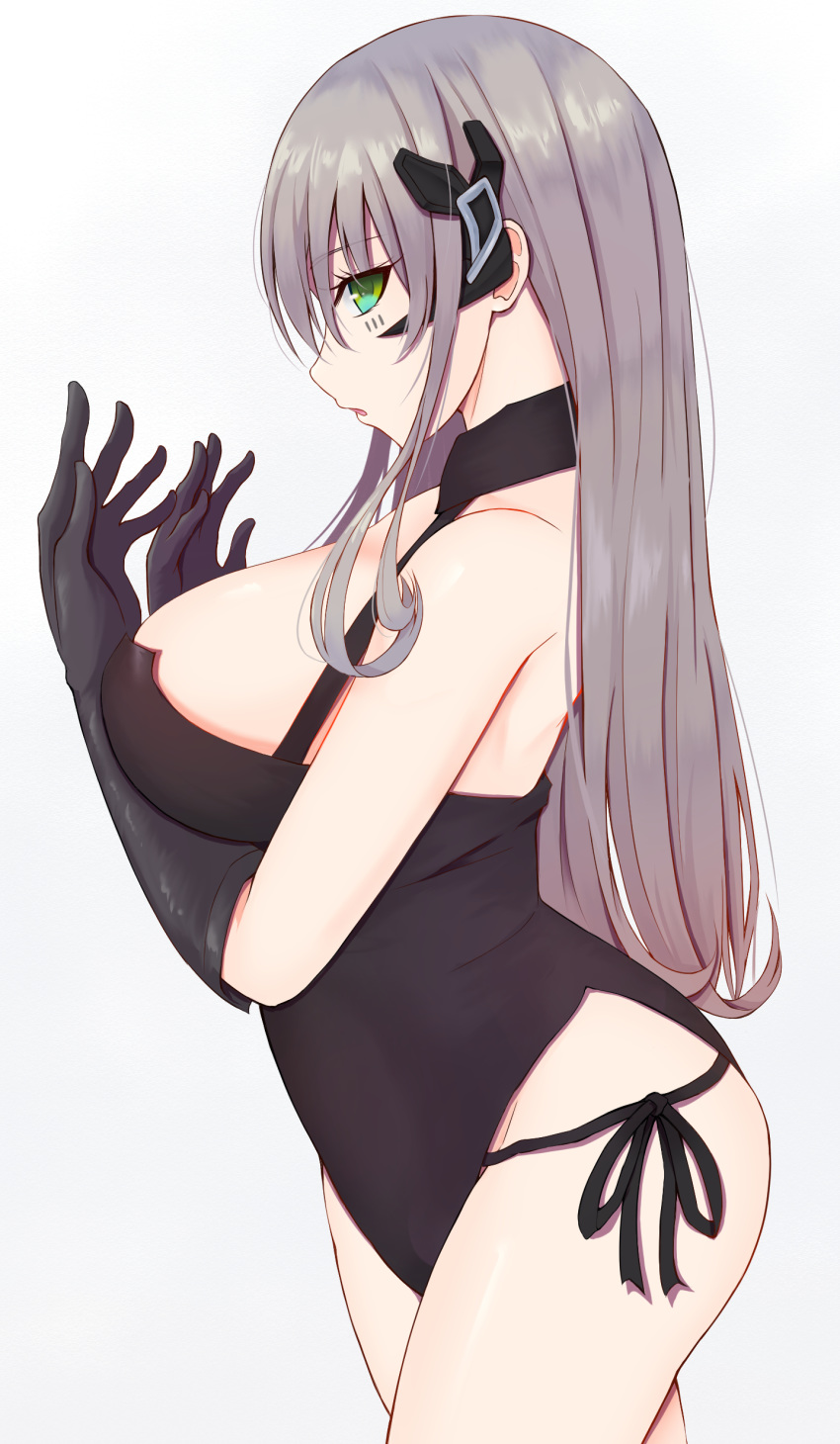 1girl absurdres ass bare_shoulders black_gloves breasts earpiece facial_mark gager_(girls_frontline) girls_frontline gloves green_eyes grey_hair highres large_breasts leotard long_hair looking_at_viewer open_mouth pao_mian+dan sangvis_ferri solo