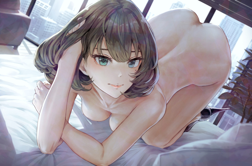 ass bed bicolored_eyes breasts idolmaster idolmaster_cinderella_girls nude takagaki_kaede yasukura_(shibu11)