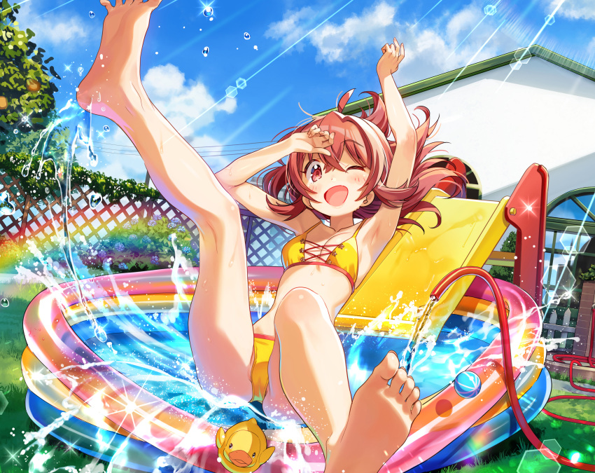 barefoot bikini clouds cropped flowers idolmaster idolmaster_cinderella_girls joey_koguma komiya_kaho red_eyes red_hair sky swimsuit water wet