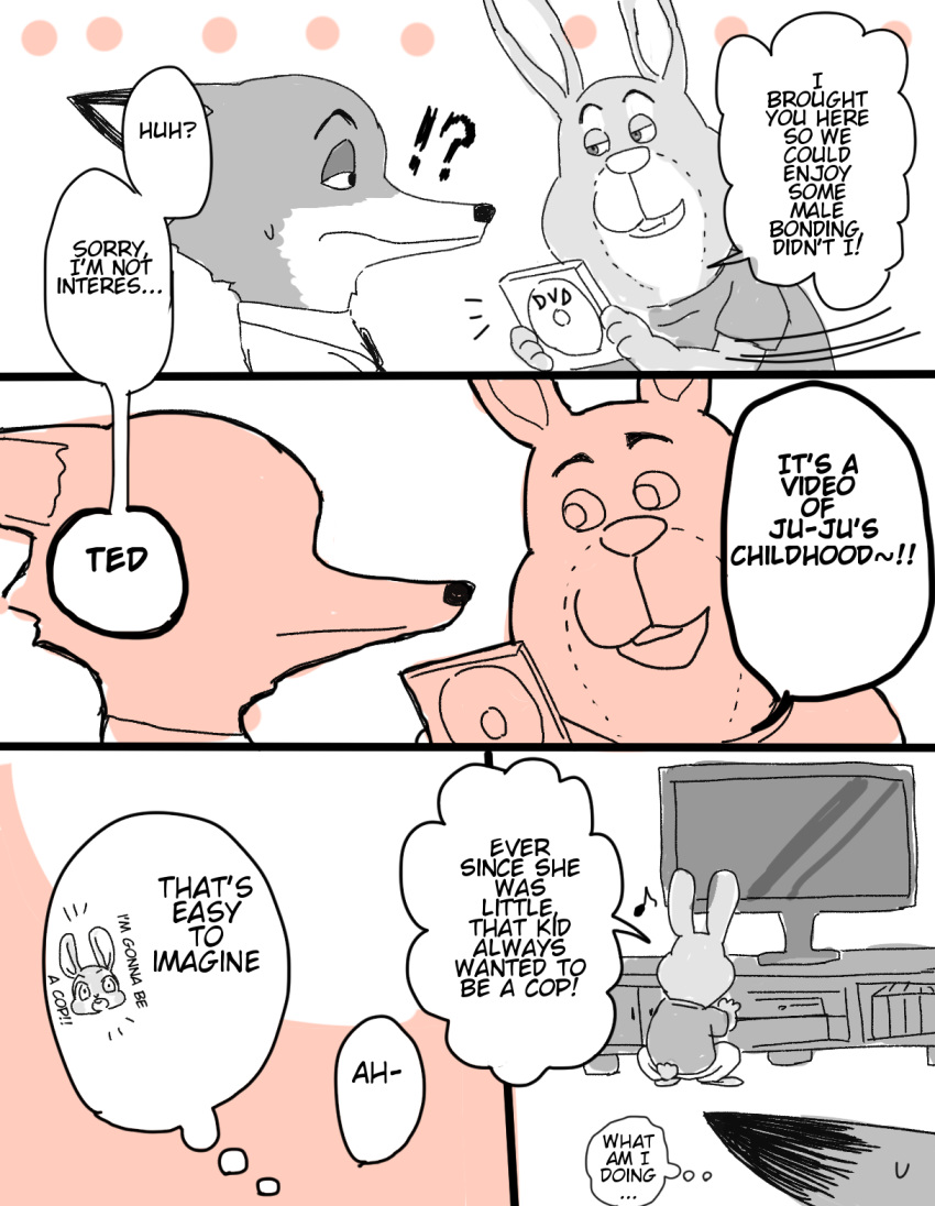 ! ? anthro bodily_fluids canid canine comic dialogue disney duo edit english_text fox hard_translated hi_res holding_object lagomorph leporid mammal meno nick_wilde rabbit red_fox speech_bubble stu_hopps sweat sweatdrop television text thought_bubble translated zootopia