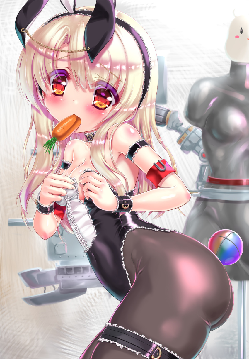 1girl animal_ears azur_lane black_legwear blonde_hair blush breasts bunny_ears bunny_girl bunnysuit carrot collar cuffs fake_animal_ears highres juneau_(azur_lane) looking_at_viewer mouth_hold pantyhose red_eyes small_breasts solo tillitruins