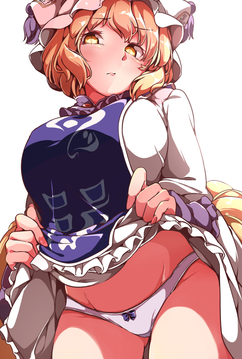1girl animal_ear_fluff animal_ears ass_visible_through_thighs bangs blonde_hair blue_bow blush bow bow_panties breasts closed_mouth commentary_request contrapposto cowboy_shot dress dress_lift eyebrows_visible_through_hair fingernails flashing fox_ears fox_tail frills gokuu_(acoloredpencil) groin hat highres large_breasts lifted_by_self long_sleeves looking_at_viewer mob_cap multiple_tails nail_polish panties pantyshot pantyshot_(standing) pillow_hat pink_nails simple_background slit_pupils smile solo standing tabard tail touhou underwear upskirt white_background white_dress white_headwear white_panties wide_sleeves yakumo_ran yellow_eyes