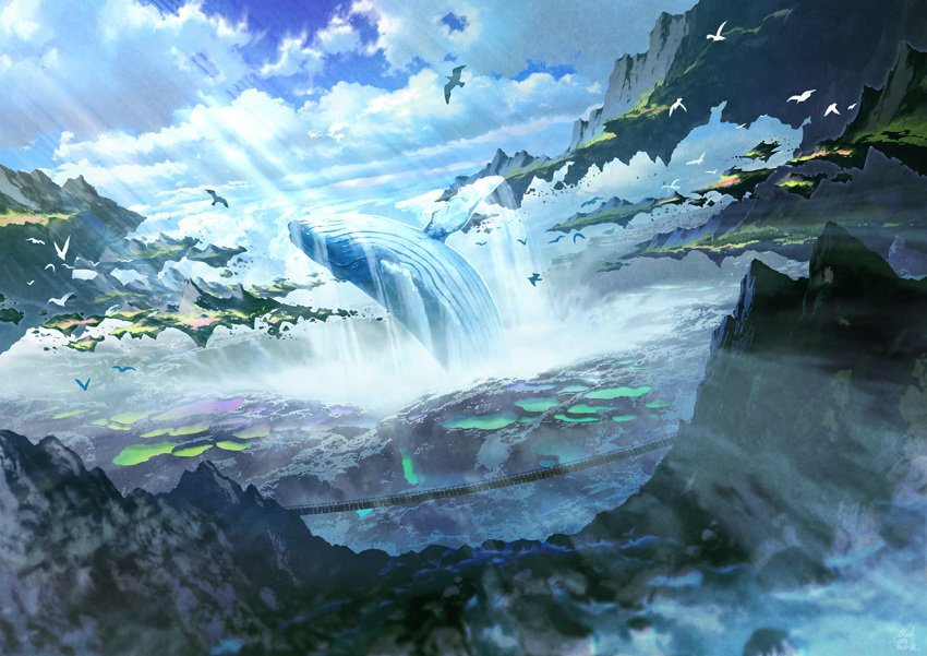 animal bird blue_sky cloud cloudy_sky commentary_request day dutch_angle fantasy floating_island flying hanging_bridge humpback_whale mocha_(cotton) mountain no_humans original outdoors scenery sky water waterfall whale