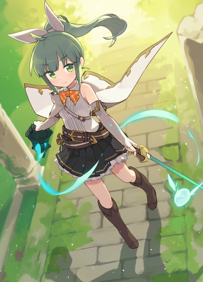 1girl ahoge belt boots bow cape commentary elbow_gloves fairy fantasy fingerless_gloves frilled_skirt frills gloves green_eyes green_hair hair_bow highres holding holding_sword holding_weapon knee_boots lantern magic original outdoors ponytail rapier skirt sleeveless solo sword tekka_maki_(wafuu-bune) walking weapon