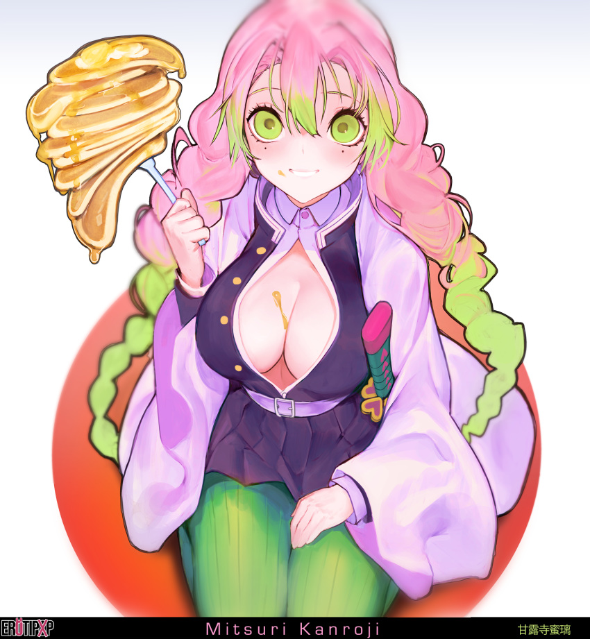 1girl artist_logo artist_name belt black_skirt blush braid breasts butter character_sheet cleavage coat english_text erotipop food gradient gradient_background gradient_hair green_eyes green_hair green_legwear grin hair_between_eyes haori heart heart_print highres japanese_clothes kanroji_mitsuri katana kimetsu_no_yaiba long_hair long_sleeves looking_at_viewer medium_breasts miniskirt mole mole_under_eye multicolored_hair pancake partially_unbuttoned pink_hair pleated_skirt ribbed_legwear scabbard seiza sheath sheathed simple_background sitting skirt smile solo sword syrup thighhighs two-tone_hair uniform weapon white_background wide_sleeves
